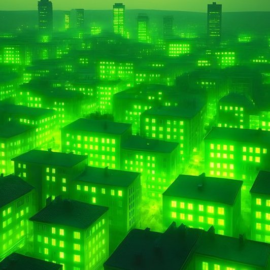 A cityscape bathed in an eerie, glowing green light, with skyscrapers and buildings illuminated from within, evokes an unsettling "Matrix-like" atmosphere of transformation. The image visually reinforces the post's message of an impending bull run, suggesting a pivotal, game-changing moment where reality shifts and lives are altered—mirroring the dramatic, all-encompassing green takeover symbolizing a major market surge.