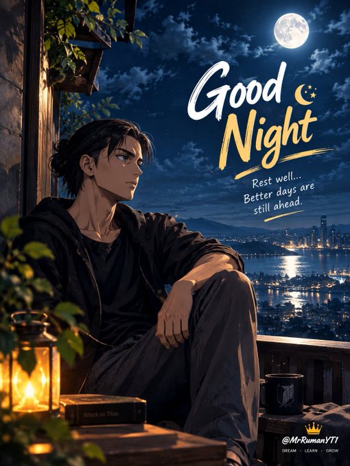 An anime-style 'Good Night' illustration by @MrRumanVT1 showing a dark-haired character sitting by a window with a moonlit cityscape, featuring the quote 'Rest well... Better days are still ahead.'