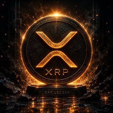 A glowing golden XRP coin displayed on a pedestal with the text 'XRP LEDGER' beneath it, set against a dramatic fiery and dark background.