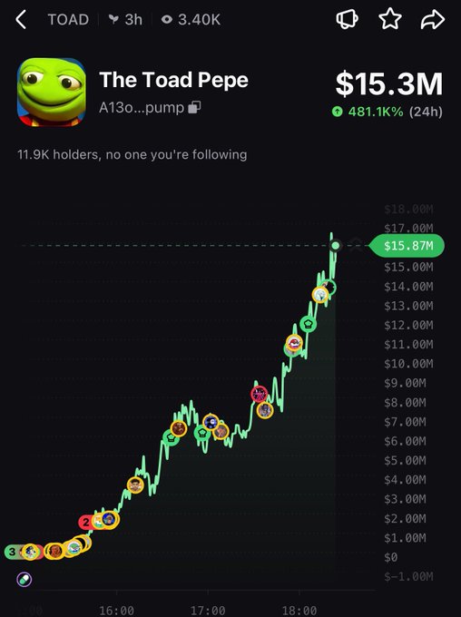 The image shows a cryptocurrency chart for "The Toad Pepe" ($TOAD) on the pump.fun platform, displaying a market cap that surged to $15.3M with a 481.1% gain in 24 hours. The chart visually confirms the poster's claim of a $2K to $17M market cap rise, illustrating the massive gains that occurred from 16:00 to 18:00 that they say their followers missed out on.