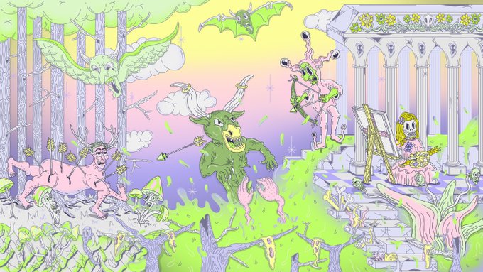 A whimsical, surreal illustration depicting a fantastical forest scene with various mythical creatures—a green goblin-like figure, a winged gremlin, a horned demon archer, a multi-eyed entity, and a guitar-playing character—gathered around a classical columned structure, perfectly capturing the "weird stuff" aesthetic of the friend's Ethereum NFT collection being advertised.