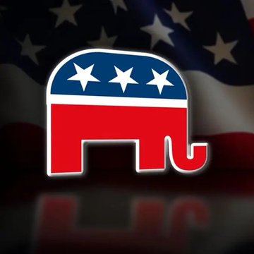 The Republican Party elephant logo in red, white, and blue is shown against an American flag background.