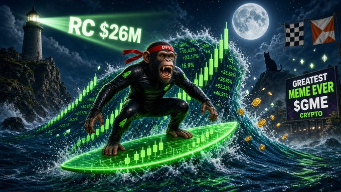 A meme-style image shows a chimpanzee wearing a red headband surfing on a glowing green surfboard over crashing waves, with text 'RC $26M' and 'GREATEST MEME EVER $GME CRYPTO' displayed alongside candlestick charts.