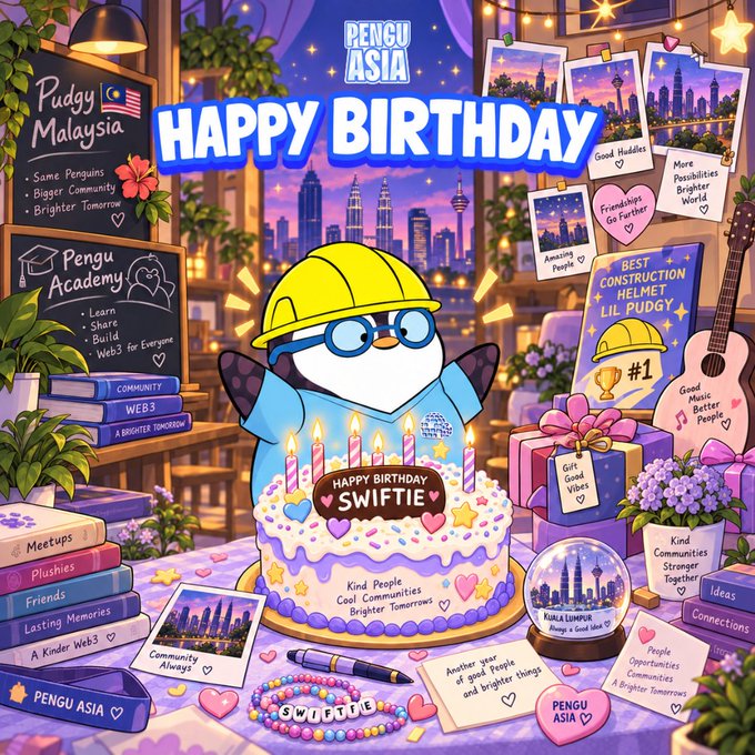 A colorful Pengu Asia 'Happy Birthday' illustration featuring a penguin in a hard hat with a birthday cake reading 'HAPPY BIRTHDAY SWIFTY' and various Malay community notes.