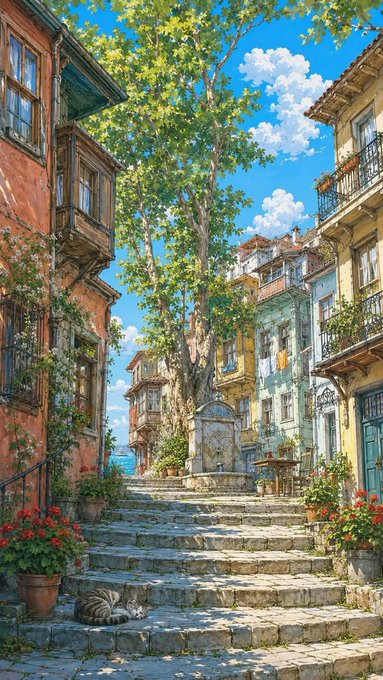 A vibrant painted-style illustration of a Mediterranean village street with stone steps, colorful old buildings, a sleeping cat, and lush green trees under a bright blue sky.