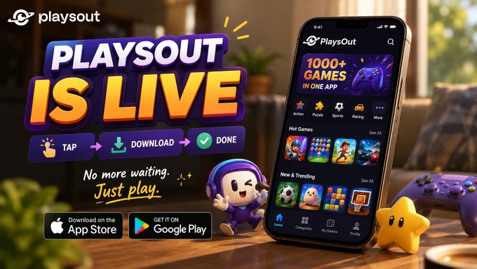An advertisement for the PlaysOut app promoting 1000+ games in one app, with download links for the App Store and Google Play.