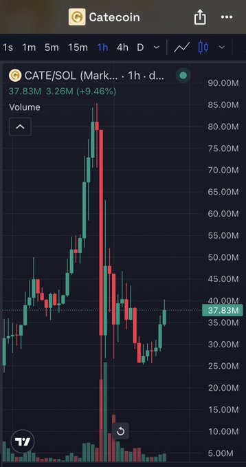 This is a Catecoin (CATE/SOL) chart showing a sharp decline followed by a slight recovery, suggesting the post's sentiment to "short" the stock is based on the recent downward trend.