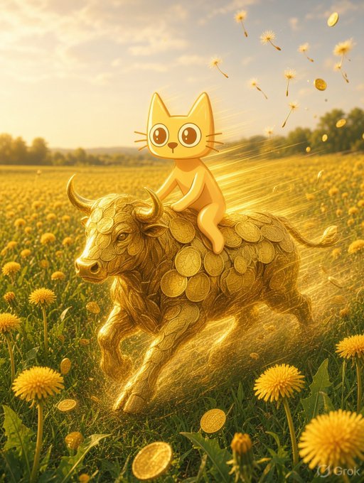 A whimsical digital illustration shows a cute cartoon cat riding a golden bull made of coins through a field of dandelions, with coins and seeds floating in the air under a warm sunset sky.