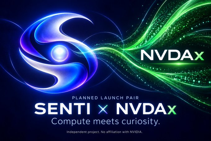 A promotional graphic announcing a planned launch pair between SENTI and NVDAX with the tagline 'Compute meets curiosity.' and a disclaimer noting it is an independent project with no affiliation with NVIDIA.