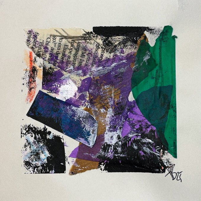 An abstract mixed-media collage on white paper featuring torn newspaper clippings, purple and teal paint, and black ink textures, signed in the bottom right corner.