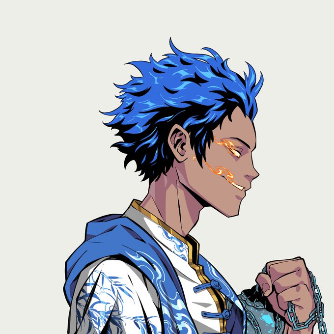 An anime-style side profile illustration of a young man with spiky blue hair, glowing golden eyes, and tribal markings, wearing a white and blue patterned outfit while gripping a chain.