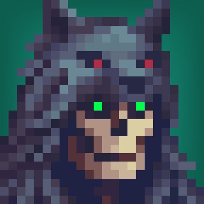 A pixel art portrait of a character with red eyes and a masked face, rendered in blocky blue, brown, and tan tones against a dark teal background.