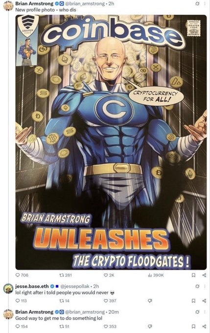 A comic book-style illustration tweeted by Brian Armstrong (@brian_armstrong) depicting him as 'Coinbase Man' with the caption 'Brian Armstrong unleashes the crypto floodgates! Cryptocurrency for all!'