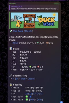 The image features a social media post by an influencer. The post includes a funny picture of a duck, along with text that reads "ice fresh lemonade" and "the duck on usdc." It also mentions statistics related to cryptocurrency. In addition to these elements, there are two small buttons present in the image: one at the top left corner and another near the bottom right corner.