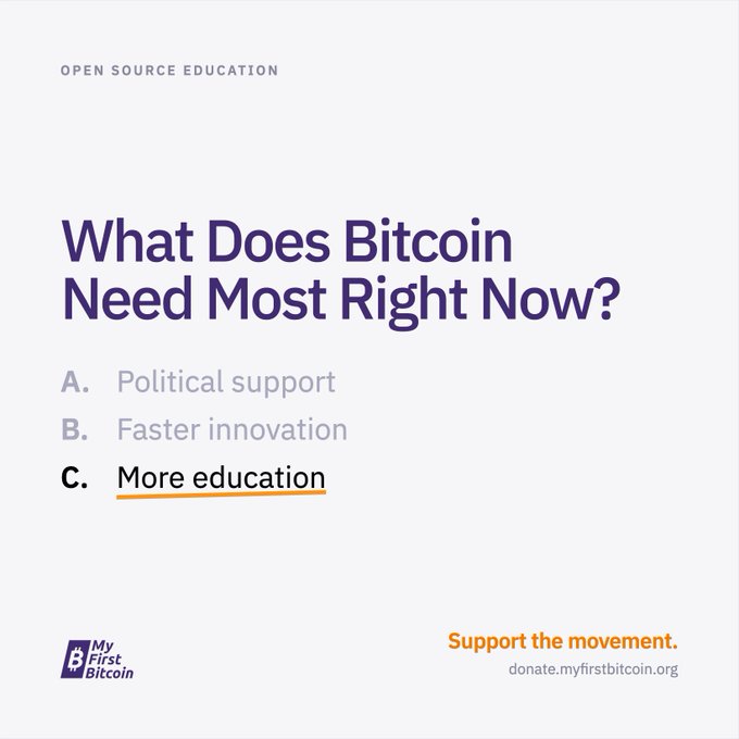 A promotional graphic titled 'What Does Bitcoin Need Most Right Now?' from My First Bitcoin's Open Source Education initiative, with option C 'More education' selected and a call to support at donate.myfirstbitcoin.org.