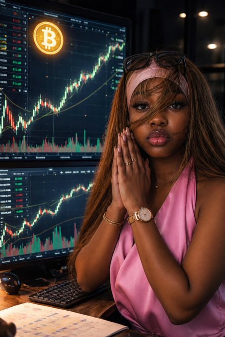 An AI-generated image of a woman in a pink top posing in front of computer monitors displaying Bitcoin price charts and candlestick graphs.