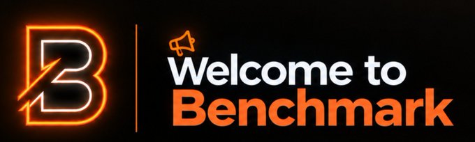 A banner with a neon orange 'B' logo reading 'Welcome to Benchmark' alongside a megaphone icon on a dark background.