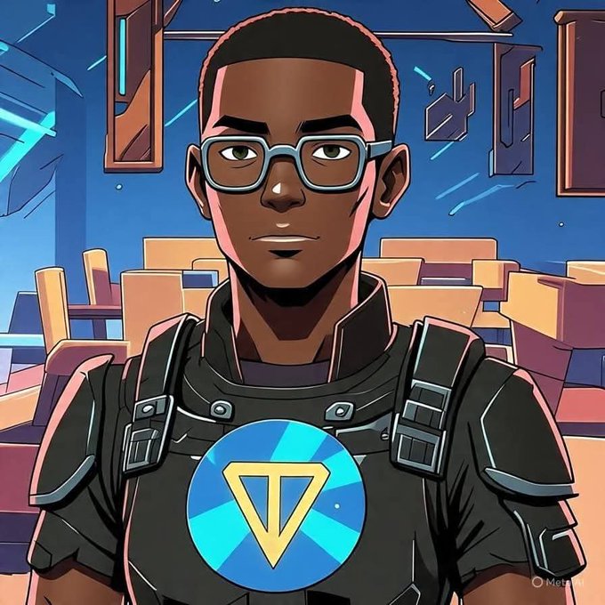 A determined cartoon-style young man with glasses and tactical gear features a prominent blue logo with a yellow downward triangle (resembling The Sandbox's "SAND" crypto token) on his chest, symbolizing an aspiring crypto investor's journey toward billionaire status. The background depicts stacked crates or assets, reinforcing the "hustling toward wealth" theme of the post.