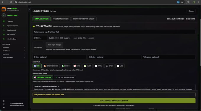 The image shows the stonkbrokers.wtf token launchpad interface for "The Stonk Broker," featuring a clean, dark-themed UI where creators can deploy tokens with default settings including 1,000,000,000 supply, a locked Uniswap V3 pool, and 2% buy/sell tax, earning 100% of fees. This visually supports the post's claim that Stonkbrokers offers a superior launchpad experience with creator-friendly terms compared to competitors like $PONS, highlighting features such as anti-snipe protection and full fee retention highlighted in green buttons.