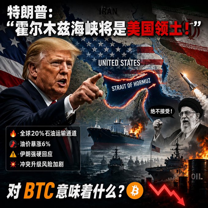 This image depicts Donald Trump pointing towards the Strait of Hormuz, which is highlighted on a map showing the US and Iran, with the text "STRAIT OF HORMUZ WILL BE US TERRITORY!". It visually connects this geopolitical statement to Bitcoin with the question "What does it mean for BTC?" and a downward red arrow next to the Bitcoin logo, suggesting potential implications for the cryptocurrency.