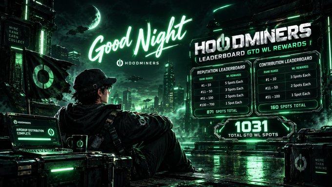 A cyberpunk-style 'Good Night' graphic for Hoodminers featuring a futuristic green-lit cityscape with leaderboards showing 671 Reputation spots and 1031 total GTD WL spots.