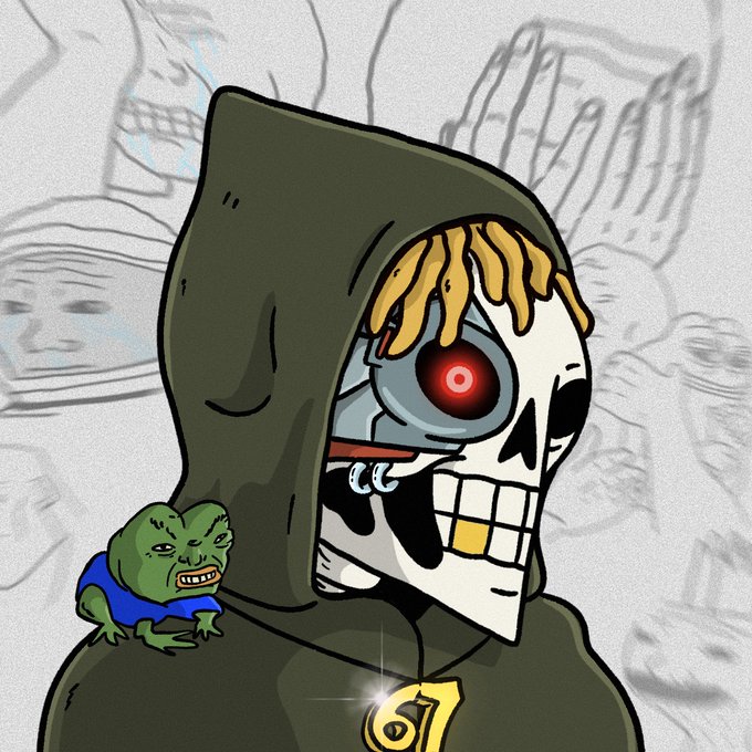 A cartoon illustration of a hooded grim reaper character with a cybernetic red eye and a gold tooth, wearing a gold '6' pendant, with a small green gremlin-like creature perched on its shoulder against a backdrop of sketched faces.