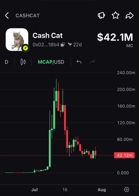 A trading chart for $CASHCAT showing a market cap of $42.1M, displaying a dramatic rise to over $200M in mid-July followed by a sharp decline to $42.12M. The current price action near the lows visually supports the post's question about how much further the token can drop.