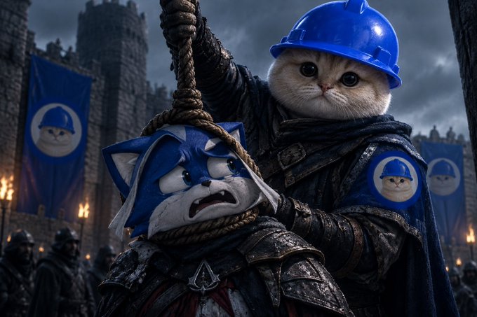 A fantasy-style digital artwork depicting a cat wearing a blue hard hat and dark armor, standing behind another armored character wearing a cat-eared helmet.