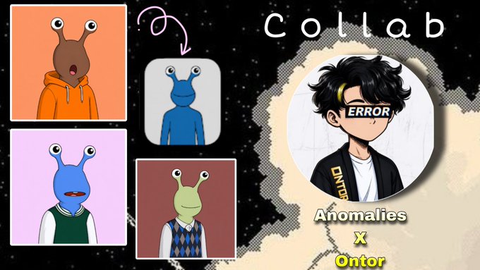 A collaboration graphic showing cartoon frog-like characters in colorful outfits alongside an anime-style avatar labeled 'ERROR', with text reading 'collab', 'Anomalies x Ontor'.