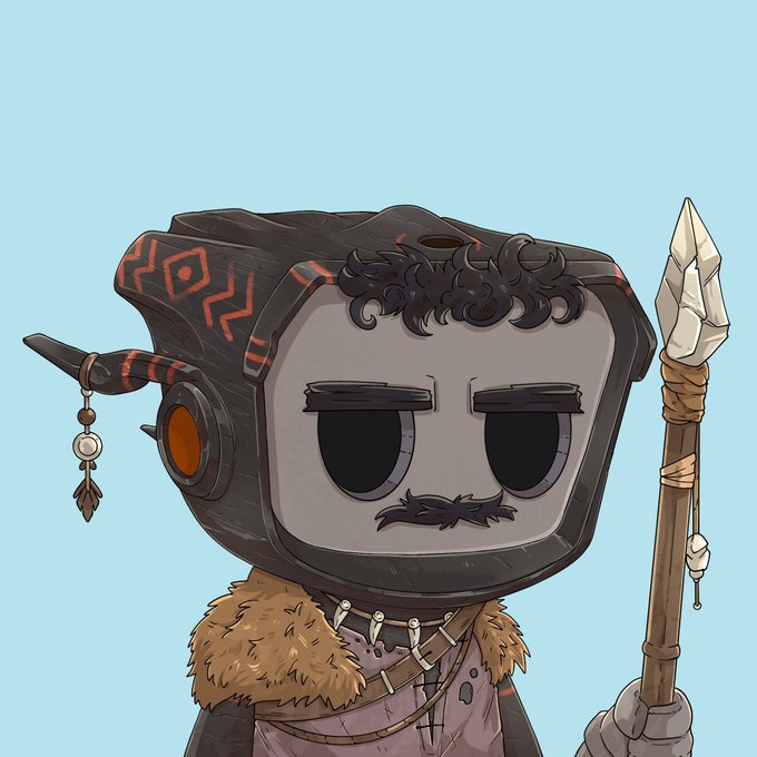 A cartoon illustration of a character with a TV-shaped head, dark hair, and a mustache, wearing fur-trimmed armor and holding a spear.