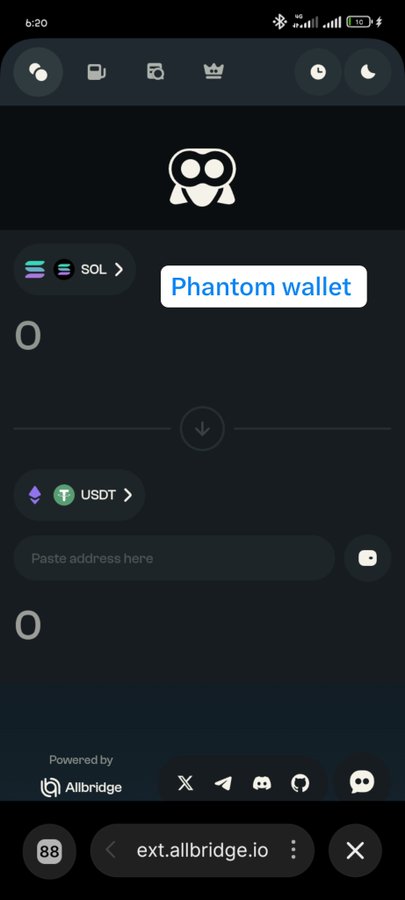 Screenshot of the Allbridge crypto bridge interface showing a swap from SOL to USDT to a Phantom wallet address, hosted at ext.allbridge.io.