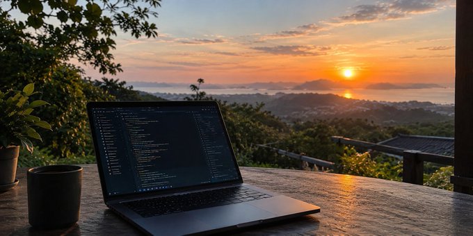 A laptop displaying code sits on a wooden table next to a coffee mug, with a stunning sunset view over a tropical coastline in the background.