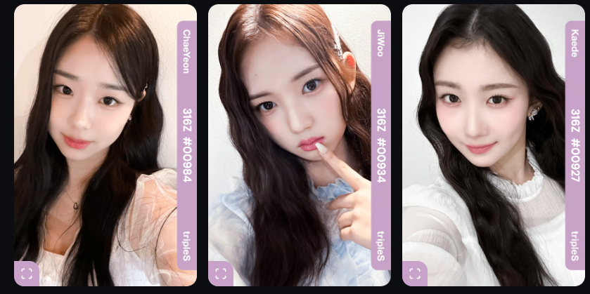 Three vertical profile photo cards showing different young women, labeled 'ChaeYeon', 'Jiwoo', and 'Kaelde' with numbers #00894, #00834, and #00827, all watermarked '316z triples'.