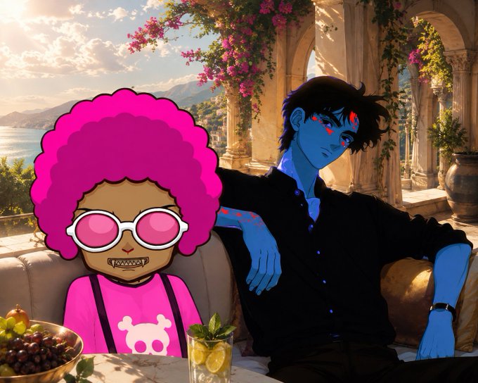 A stylized digital artwork shows a blue-skinned male character sitting on a couch next to a pink character with an afro and sunglasses, with a coastal Mediterranean landscape behind them.