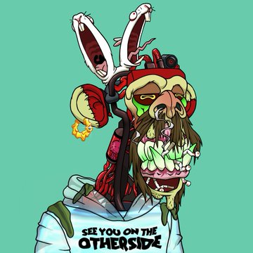 A grotesque, mutant-style character with a distorted face, a hanging eyeball, and what appears to be rabbit ears or a helmet, set against a teal background, with text reading "SEE YOU ON THE OTHERSIDE" on its white shirt. The image aligns with the post's "Mutant Monday" theme, featuring Bored Ape Yacht Club NFT art and a reference to the OthersideMeta gaming platform.