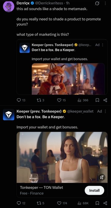 A Twitter/X screenshot of a post by Derrick (@Derrickwrites) criticizing a crypto ad by 'Keeper (prev. Tonkeeper) @keeper_wallet' with the slogan 'Don't be a fox. Be a Keeper' for allegedly shading MetaMask.
