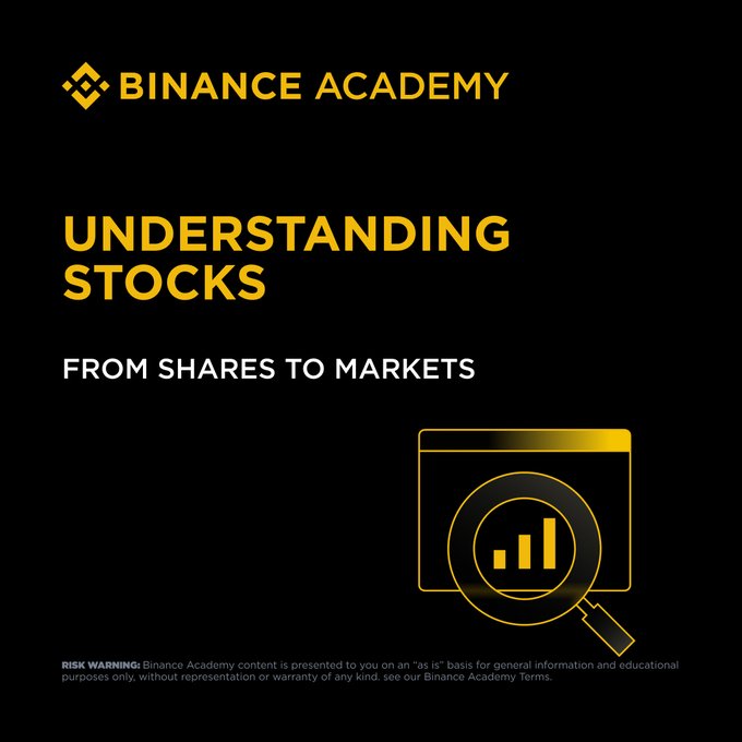 A Binance Academy educational graphic titled 'UNDERSTANDING STOCKS' with the subtitle 'FROM SHARES TO MARKETS' on a black background with a yellow browser/chart icon.