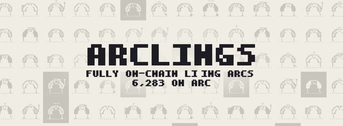 A promotional graphic for 'ARCLINGS' features a pixel art background with the text 'FULLY ON-CHAIN LIVING ARCS' and a floor price of 6.283 on ARC.