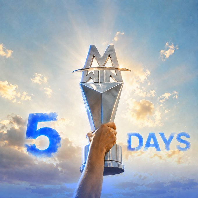 A hand raises a silver "MWIN" trophy toward a bright, sunlit sky with clouds, accompanied by the text "5 DAYS" in blue, marking a five-day countdown to the MEXC Infinity Arena futures competition with its $10M prize pool.