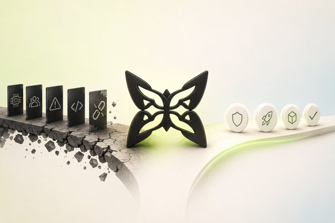 A 3D digital graphic showing a glowing butterfly symbol rising from a cracked surface, flanked by dark stone icons on the left and white icons on the right, representing the concept of AI-generated icons.
