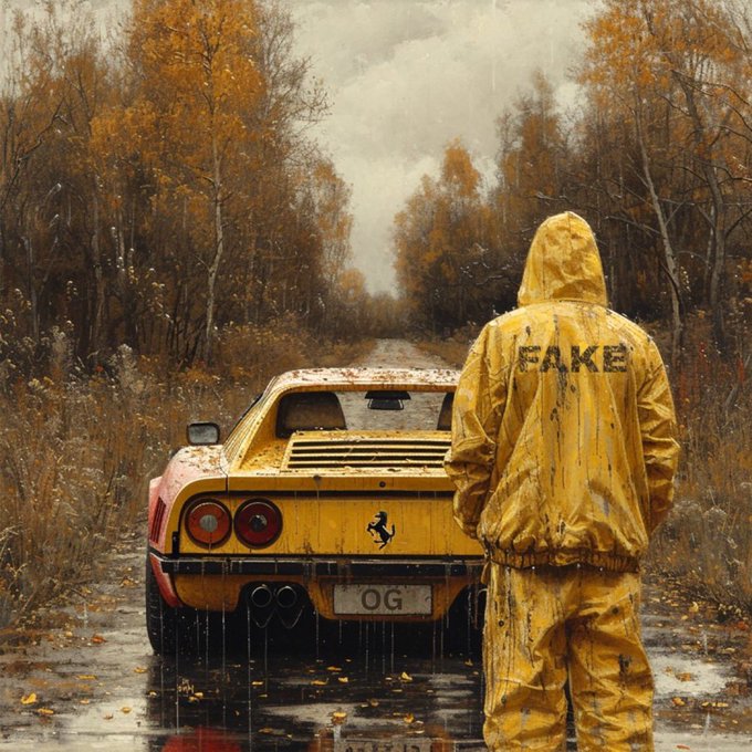 A stylized artistic painting depicting a hooded figure in a yellow raincoat with 'FAKE' printed on the back, standing next to a yellow Ferrari with the license plate 'OG' on a rainy autumn road.