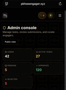 A screenshot of an 'Admin console' on pkhoengager.xyz showing statistics: 42 users, 27 active tasks, 5 pending, 120 approved, and 5 rejected.