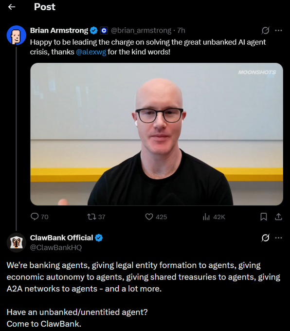 The image shows a social media post where two men are speaking about banking agents and an AI agent crisis. One man is wearing glasses and talking, while the other man has a bald head as well. The text on the post reads: "Having an unbanked/unintitled agent? Come to ClawBank.com". 
This post seems to be promoting the idea that clawing back from the great AI crisis involves using banking agents or agents of some kind, and providing solutions for people in need of cash or financial assistance.