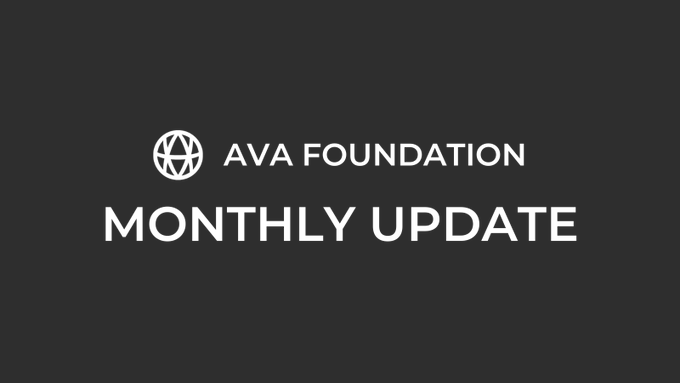 A dark gray banner displays the AVA Foundation logo, featuring a stylized globe icon next to the text "AVA FOUNDATION," with the bold heading "MONTHLY UPDATE" positioned below, serving as a title card for the August 2026 AVA ecosystem news update.