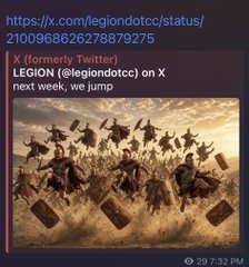 A post from X user @legiondotcc displays the caption "next week, we jump" beneath an image showing a dramatic scene of warriors riding horses through a dusty battlefield with tattered banners. The visual references the JUMP token TGE controversy mentioned in the surrounding article, with the account teasing an upcoming launch while community members debate whether an airdrop is coming.