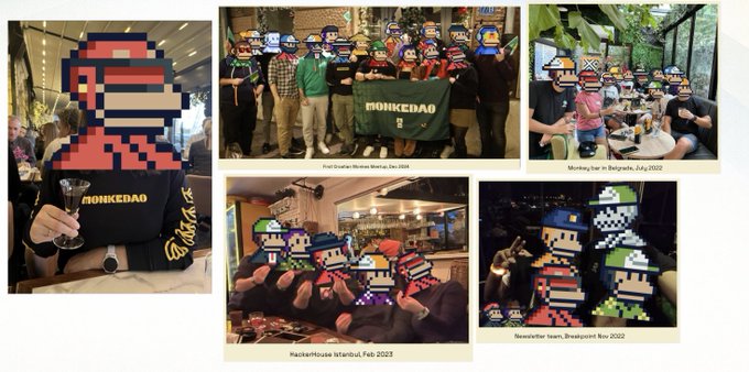 The image is a collage of five group photos from MonkeDAO meetups, with members' faces pixelated and replaced with pixel art monkey avatars. Visible captions include "Post GmAMer House Meetup, Dec 2022," "MonkeDao 'on' in Belgrade, July 2022," "Hackathon Istanbul, Feb 2023," and "Newsletter team, Breakpoint Nov 2022." The collage illustrates the global community gatherings referenced in the post spotlighting Bojana (@muggle_ri) as a familiar face within MonkeDAO.