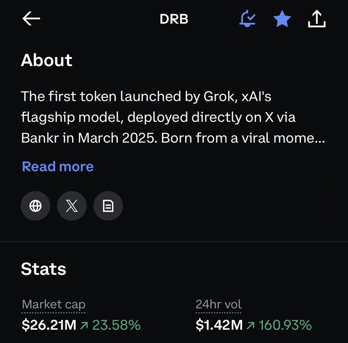 A mobile app screen showing details for the token 'DRB,' described as 'The first token launched by Grok, xAI's flagship model, deployed directly on X via Bankr in March 2025,' with a market cap of $26.21M (+23.58%) and 24hr volume of $1.42M (+160.93%).
