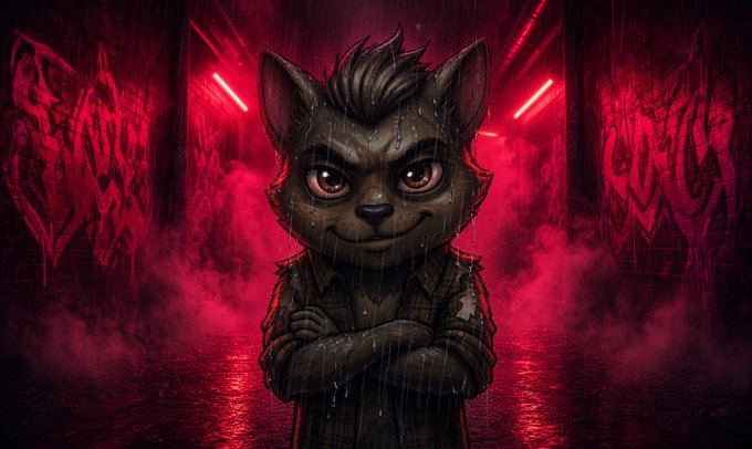 A stylized cartoon cat character with a confident smirk and spiky hair stands with arms crossed in a dramatic red-lit alleyway.