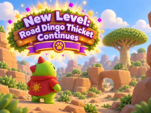 A video game screen displays a green character in a red sun hoodie looking out at a desert landscape, with text reading 'New Level: Road Dingo Thicket Continues' above.