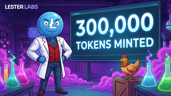 The image features a cartoon character dressed as a doctor standing next to a sign that says "300,000 tokens minted You weren't just minting. You were stress-testing the lab." The character appears to be wearing a lab coat and is holding a clipboard in one hand while pointing with the other. A chicken can also be seen on the right side of the image.